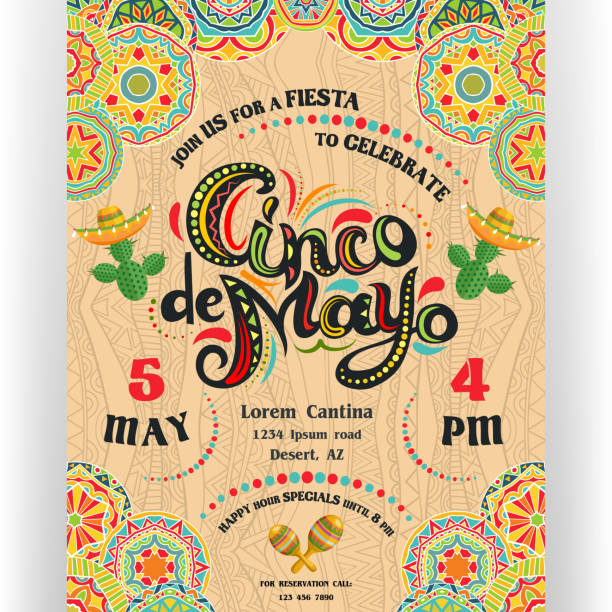 Cinco De Mayo announcing poster template with ornate lettering and cactuses in sombrero. Text customized for invitation for fiesta party. Mexican style rich ornamented border and background. Vector illustration. viva mexico stock illustrations