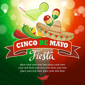 Mexican fiesta background and banner included sombrero, margarita drink, jalapeno and maracas.