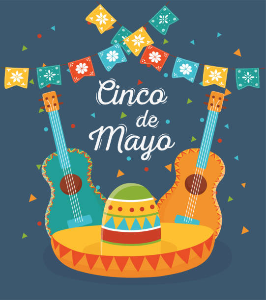 stockillustraties, clipart, cartoons en iconen met cinco de mayo gitaren en hoed wimpelmexicaanse viering - ramos