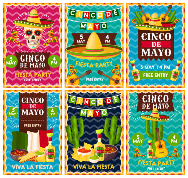 Cinco de Mayo mexican party party banner design Cinco de Mayo mexican fiesta party banner set for Latin American holiday invitation design. Festive skull with sombrero hat, maracas and chili pepper, tequila margarita, guacamole, cactus and guitar cactus symbols stock illustrations