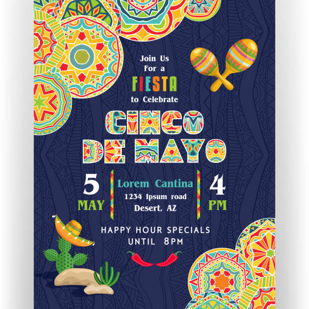 Cinco De Mayo poster template with ornate text and details. Text customized for invitation for fiesta party. Mexican attributes at dark ornament for background. Vector illustration. viva mexico stock illustrations