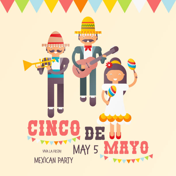 Cinco de Mayo Mexican Poster in Retro Style. Cinco de Mayo Festival. Mexican Musicians In Traditional Clothes. Vector Illustration. hot mexican girls stock illustrations
