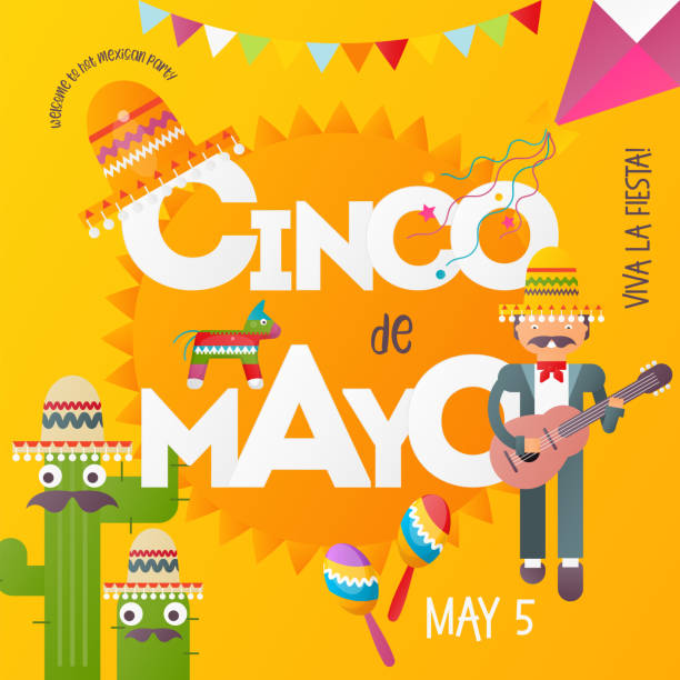 Cinco de Mayo Cinco de Mayo Banner. Cute Mexican with Guitar. 5th May Holiday Objects Set - Pinata, Funny Cactus and Maracas. Yellow Background. Vector Illustration. hot mexican girls stock illustrations