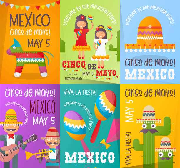 Cinco de Mayo Cinco de Mayo Posters Set. Cute Mexicans with Maracas and Mexican Guitars. 5th May Holiday Objects Set - Pinata, Sombrero, Funny Cactus and Decorations. Vector Illustration. hot mexican girls stock illustrations