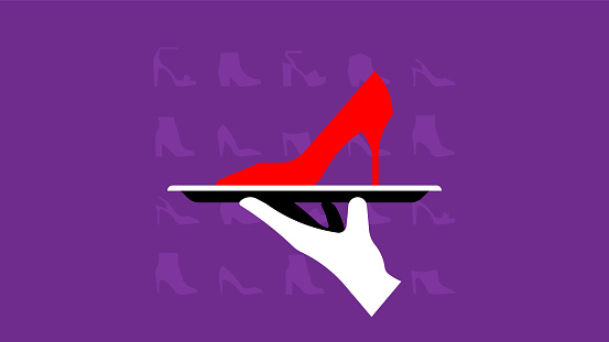 Cinderella concept: women's high heels on a tray. Gift, purchase, delivery - waiter in white glove presents shoes. Red pumps. Vector illustration, metaphor, idea.