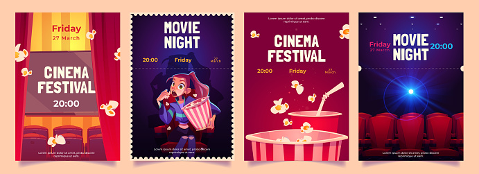 Cinema festival, movie night cartoon flyers set