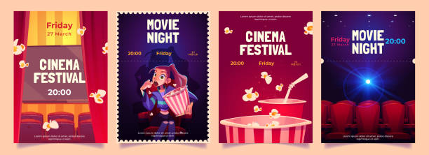 Cinema festival, movie night cartoon flyers set Cinema festival, movie night cartoon flyers set. Young woman with pop corn bucket sitting in dark theater hall front of screen watching interesting film. premiere promo posters Vector illustration, movie theater stock illustrations