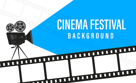 Cinema festival poster with movie camera. Movie time concept. Cinema festival poster template. Concept of the time of the film. Movie background with words movie time. Place for your text.