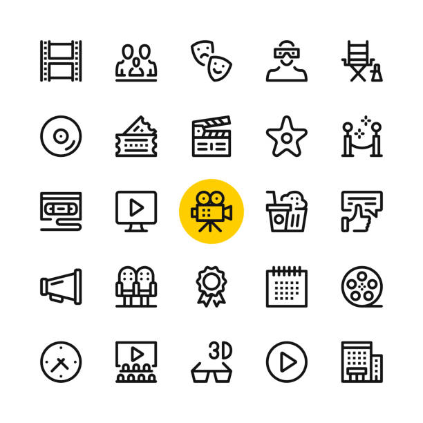 Cinema, film industry, video production line icons set. Modern graphic design concepts, simple outline elements collection. 32x32 px. Pixel perfect. Vector line icons Cinema, film industry, video production line icons set. Modern graphic design concepts, simple outline elements collection. 32x32 px. Pixel perfect. Vector line icons movie symbols stock illustrations