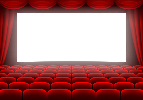 Cinema Hall Cinema hall with white glowing screen, curtain and rows of red seats. Vector illustration. movie theater stock illustrations