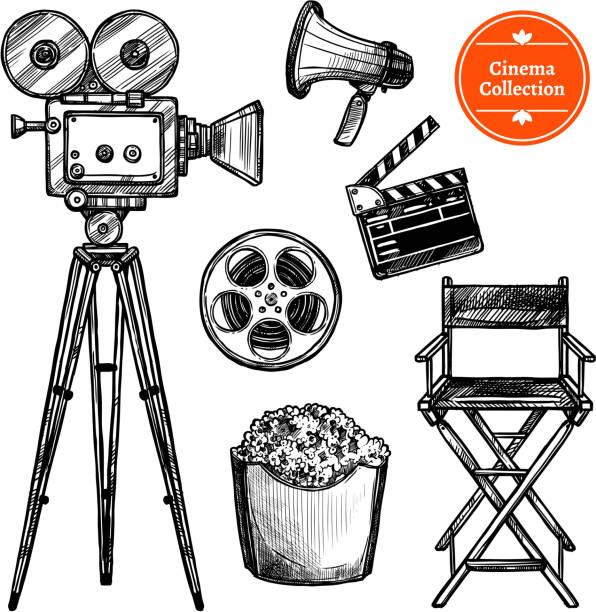 cinema hand drawn set Cinema and making films hand drawn vintage set with clapper reel camera chair loudspeaker and popcorn isolated on white background sketch vector illustration movie drawings stock illustrations