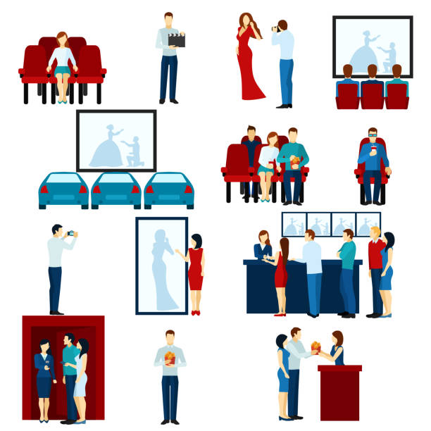 cinema people flat Cinema house film show flat icons set with drive-in and tickets line banner abstract isolated vector illustration movie illustrations stock illustrations