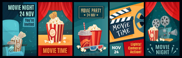 Cinema poster. Night film movies, popcorn and retro movie posters template vector illustration set Cinema poster. Night film movies, popcorn and retro movie posters template. Cinematograph advertising banners, films ticket or movie show posters cartoon vector illustration set movie theater stock illustrations