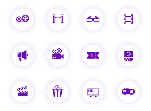 cinema purple color vector icons on light round buttons with purple shadow. cinema icon set for web, mobile apps, ui design and print