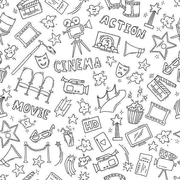 Cinema seamless pattern with hand drawn elements Cinema seamless pattern with hand drawn elements. Background with clapperboard, camera, chairs, awards, film strip, popcorn ticket and others. Vector illustration movie patterns stock illustrations
