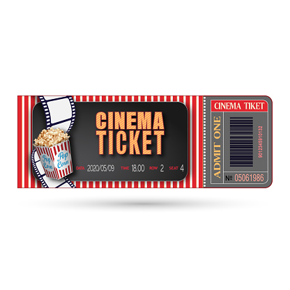 Cinema ticket close up isolated on white background. Retro movie entrance ticket. Realistic admission pass mockup or performance coupon. Template ticket for Cinema, Theatre, Concert, Party or Festival