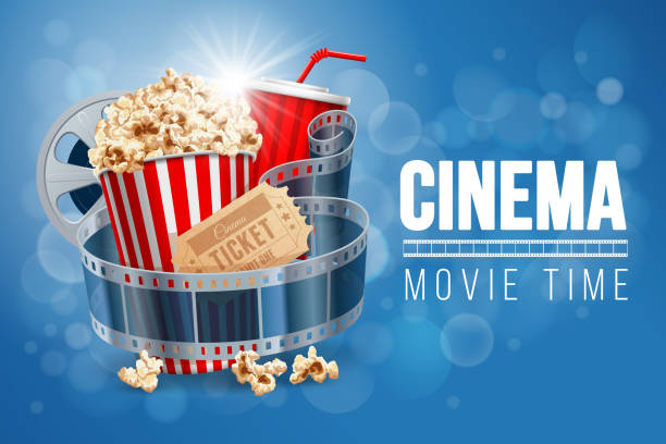 cinema Cinematograph concept banner design template with popcorn, drink, film reel, film tape and ticket on blue bokeh background. Realistic vector illustration. movie designs stock illustrations