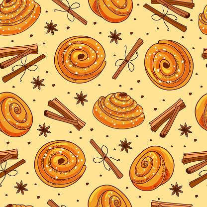 Cinnamon buns and cinnamon sticks seamless pattern. Cartoon vector illustration.