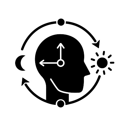 Circadian rhythms black glyph icon. Internal daily clock. Optimize cognitive function for daytime. Sleep wake cycle regulation. Silhouette symbol on white space. Vector isolated illustration