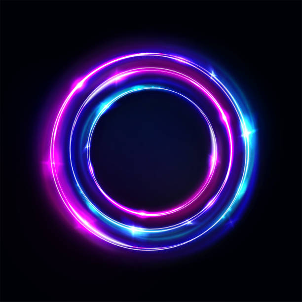 Circle abstract background, glowing neon lights, round portal. Vector. Pink blue and purple glow rings. Circular light frame, ultraviolet. Circle abstract background, glowing neon lights, round portal. Vector. Pink blue and purple glow rings. Circular light frame, ultraviolet storm borders stock illustrations