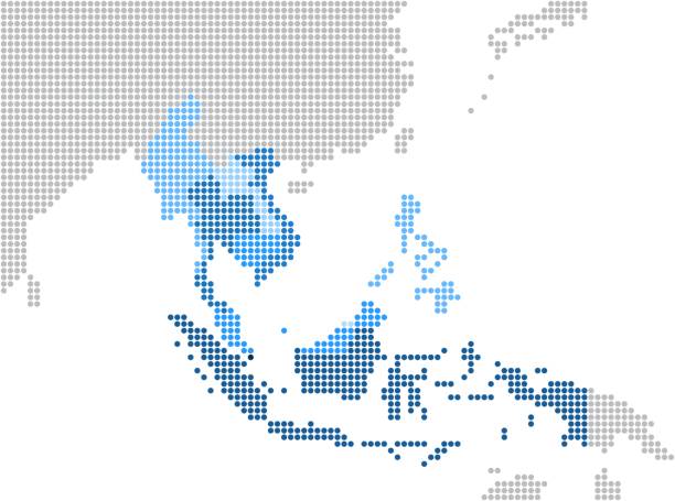 stockillustraties, clipart, cartoons en iconen met cirkel van stip zuid-oost-azië en nabijgelegen landen in kaart. - association of southeast asian nations