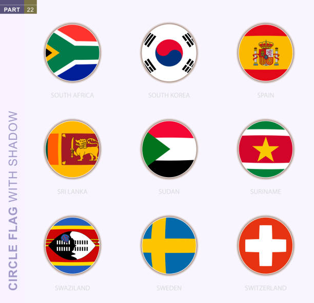 stockillustraties, clipart, cartoons en iconen met cirkel vlag met schaduw, collectie van negen ronde vlag. vector vlaggen van 9 landen. - suriname