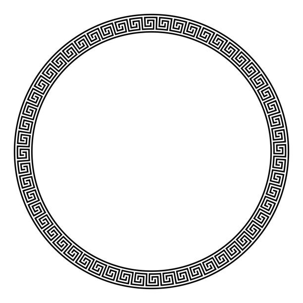 Circle frame made of seamless meander pattern Circle frame made of seamless meander pattern. Meandros, a decorative border, constructed from continuous lines, shaped into a repeated motif. Greek fret or Greek key. Illustration over white. Vector. maze borders stock illustrations