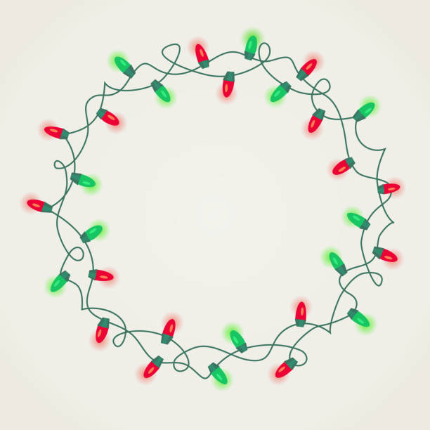 bildbanksillustrationer, clip art samt tecknat material och ikoner med cirkel ram av gröna och röda julen lyser på vit bakgrund. - ljusslinga