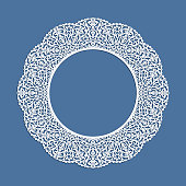 Circle frame with ornamental lace border, cutout paper pattern, elegant template for laser cutting, round lacy decoration for wedding invitation card with place for text
