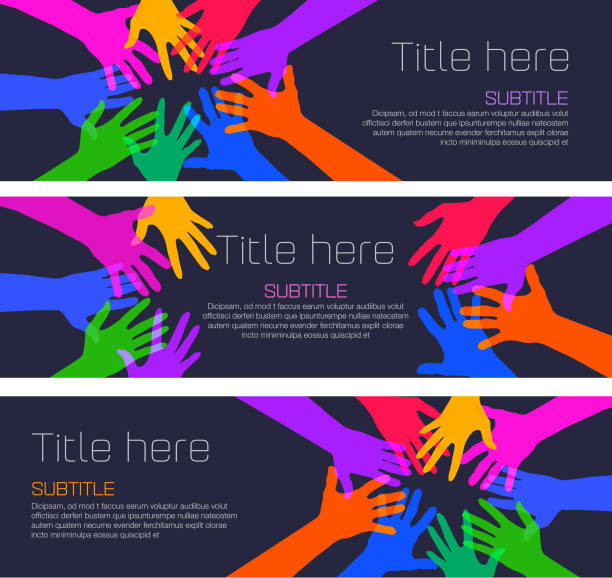 Circle of Hands Banner Colourful overlapping silhouettes of Hands forming a circle. Banner template connection silhouettes stock illustrations