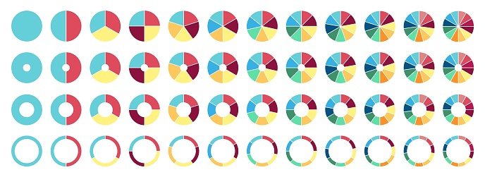 Circle pie chart. 2,3,4,5,6,7,8,9,10 11 12 sections or steps Flat process cycle Progress sectors