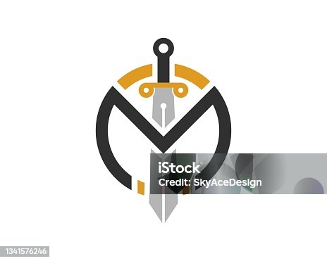 istock Circle shape with sword and M letter initial inside 1341576246