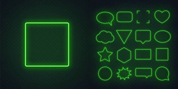 円、正方形、吹き出し、星、三角形、心臓、六角形、その他の光る緑色のネオンフレームを暗い透明な背景に表示します。 - ネオン点のイラスト素材／クリップアート素材／マンガ素材／アイコン素材