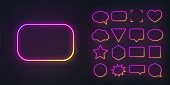 Set of gradient purple yellow neon frames with soft glow on a transparent background. Speech bubble, square, circle, star, triangle, heart, hexagon and other glowing neon shapes on a dark background.