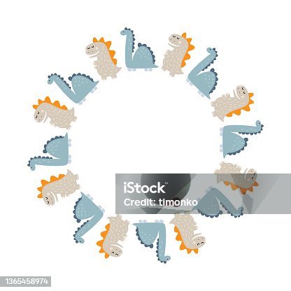 istock Circle Vector frame wreath with dinosaurs and hand lettering dino with place for your text on white background. Greeting card, poster design scandinavian element 1365458974