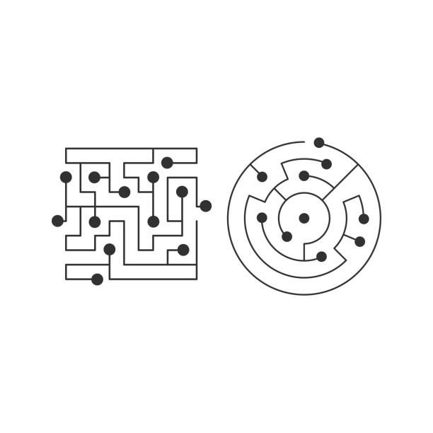Circuit board chip icon. abstract square and circle shape IT maze. Technology symbol. Computer software concept. Power elements. Flat design. Vector Illustration. Circuit board chip icon. abstract square and circle shape IT maze. Technology symbol. Computer software concept. Power elements. Flat design. maze icons stock illustrations