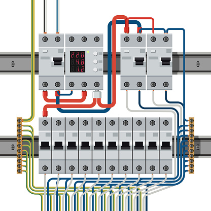 Circuit breakers on din rails connected to wires