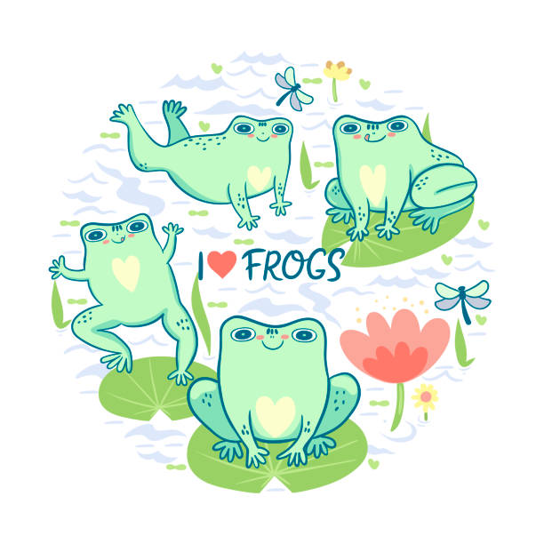 Circular composition with frogs and the inscription I love. Vector graphics. Circular composition with frogs and the inscription I love. Vector image. stylized underwater nature set of icons stock illustrations