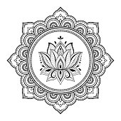 Circular pattern in form of mandala for Henna, Mehndi, tattoo, decoration. Decorative ornament in oriental style with Lotus. Coloring book page.