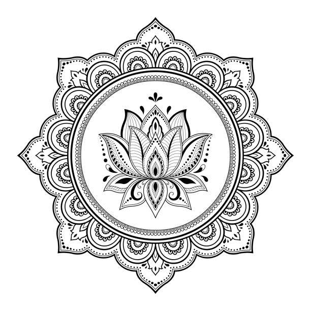 kreismuster in form von mandala für henna, mehndi, tattoo, dekoration. dekorative ornament im orientalischen stil mit lotus. coloring book seite. - lotusblume tattoo stock-grafiken, -clipart, -cartoons und -symbole