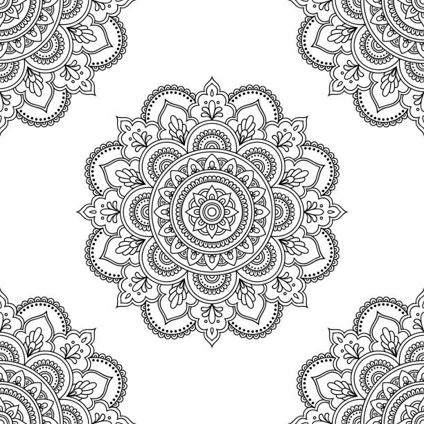 Circular pattern in form of mandala for Henna, Mehndi, tattoo, decoration. Seamless decorative ornament in ethnic oriental style. Coloring book page. Circular pattern in form of mandala for Henna, Mehndi, tattoo, decoration. Seamless decorative ornament in ethnic oriental style. Coloring book page. coloring book pages templates stock illustrations