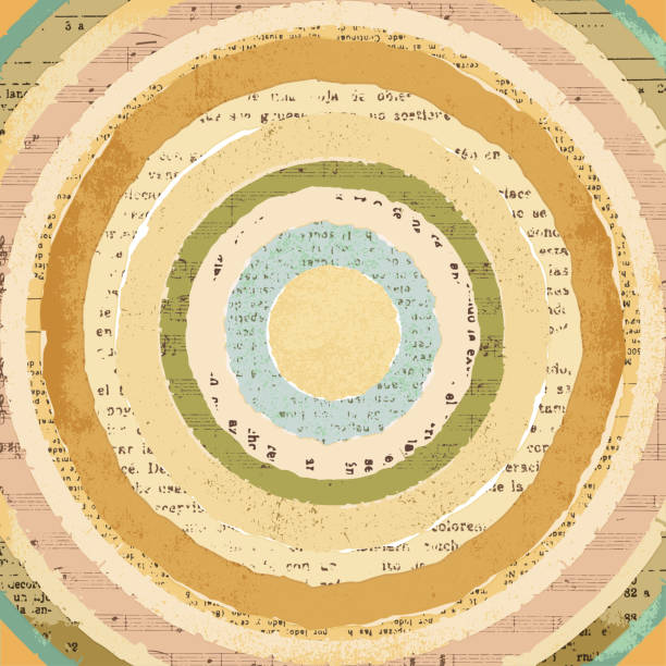 Circular vintage torn papers collage background Background made of concentric circular torn vintage papers. newspaper patterns stock illustrations