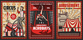Circus show of acrobats vector design of carnival or amusement park retro posters. Circus top tents or chapiteau marquee with trapeze girl, acrobat riding vintage bicycle and rocket man in cannon