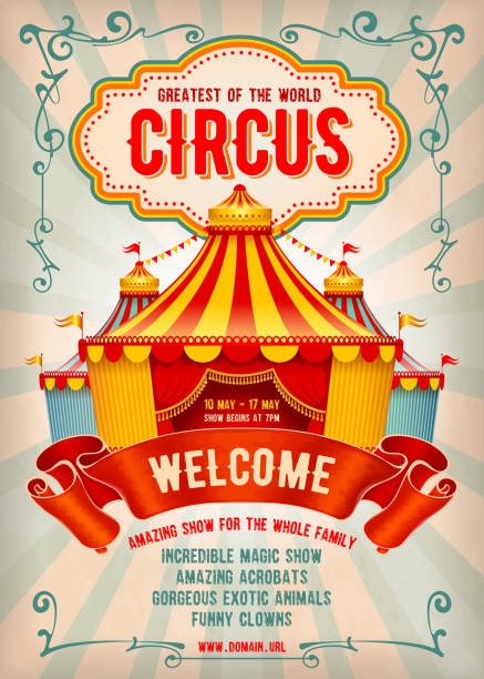 Circus advertising poster Vintage Circus advertising poster or flyer with big circus marquee. Elegant title, retro background and space for your text. Vector illustration. circus stock illustrations