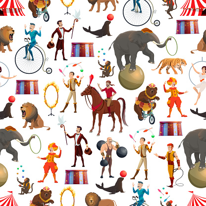 Circus animals and equilibrists seamless pattern