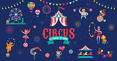 Circus banner template and background with tent, monkey, air balloons, gymnastics, elephant on ball, lion, jugger and clown. Vector illustration