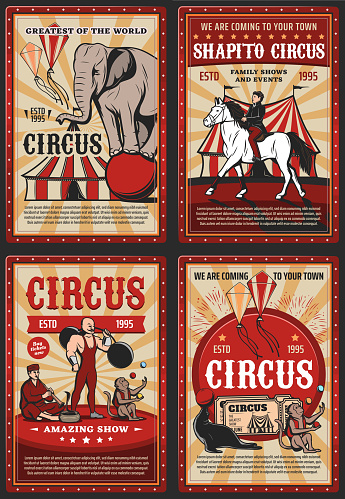 Circus big top, carnival animals and strongman