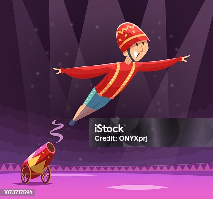 istock Circus cannon show. Shooting gun on cirque arena performer clowns on stage vector cartoon background 1073717594