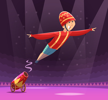 Circus cannon show. Shooting gun on cirque arena performer clowns on stage vector cartoon background