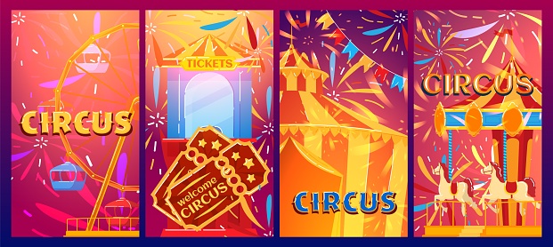 Circus carousel, banner carnival tent, amusement park, event fair, bright colors, design, in style cartoon vector illustration.